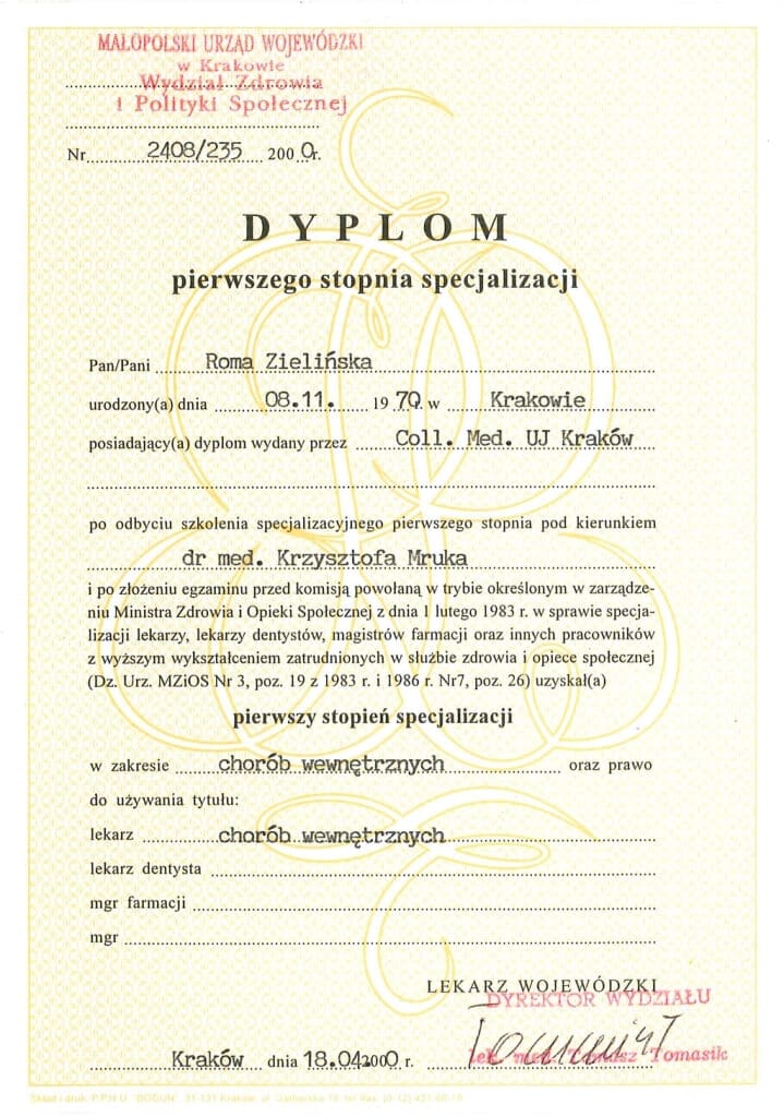 dyplom pierwszego stopnia specjalizacji