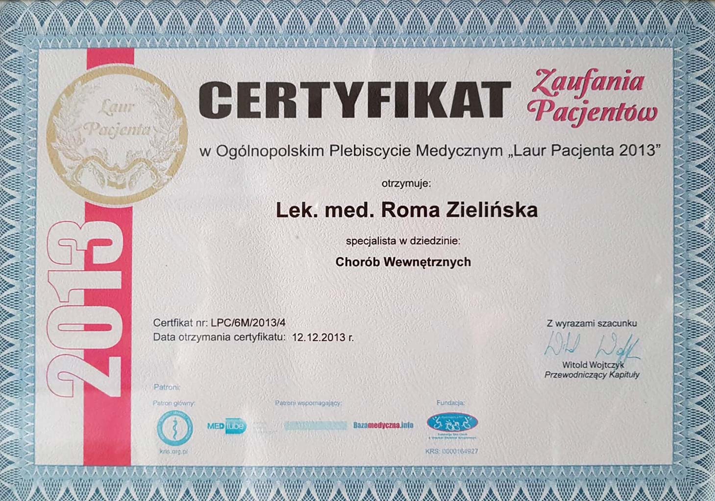 Certyfikat Laur pacjenta w klinice Magnopere w Krakowie